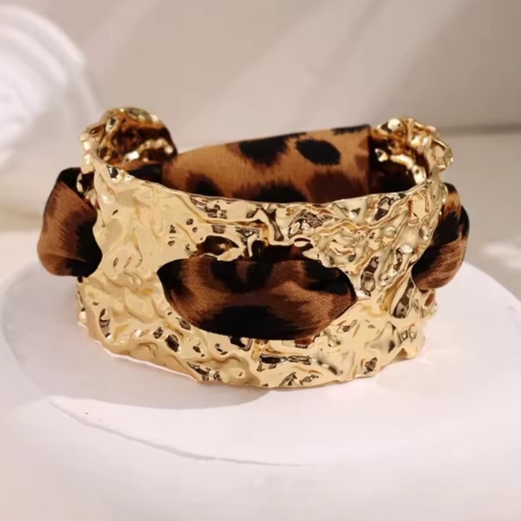 Leopard Print Gold Cuff Bracelet – Wild Animal Pattern Statement Jewelry - Picture 6 of 6